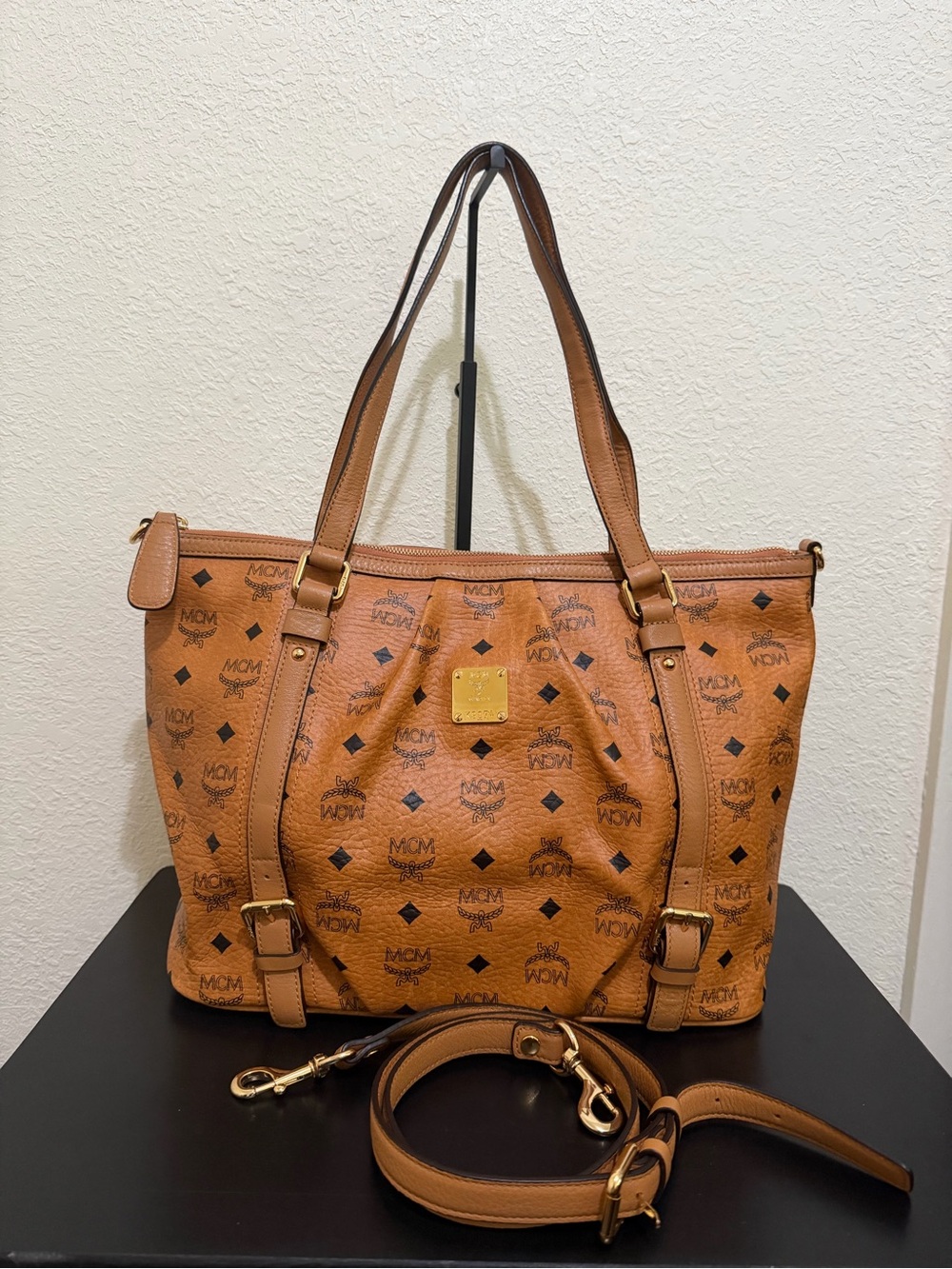 MCM Cognac Visetos Logo Shoulder Tote with Gold Hardware
